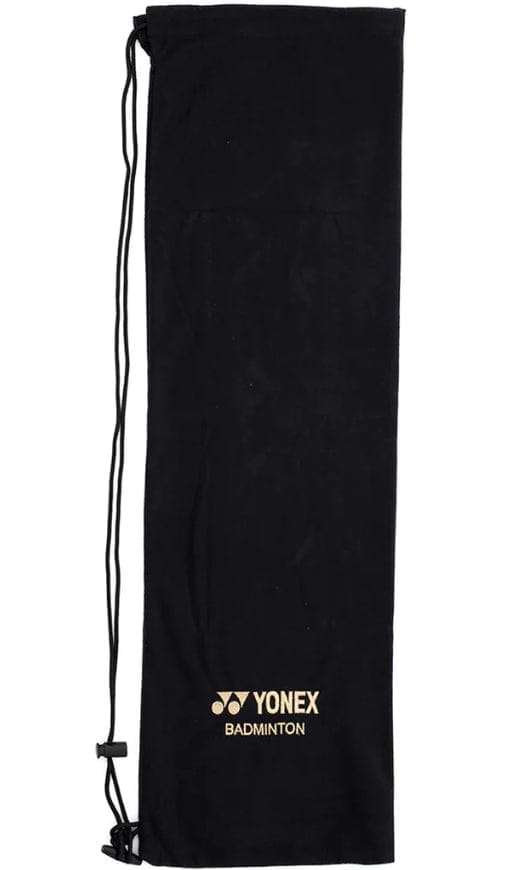 The Yonex AC541 Badminton Racket Soft Cover is a stylish and durable accessory, crafted from black polyester. It comes with a practical drawstring closure and prominently features the iconic Yonex logo alongside "BADMINTON" elegantly printed in gold near the bottom, ensuring your equipment remains protected in style.