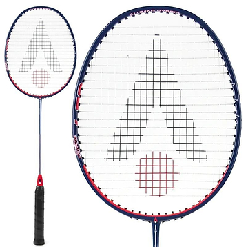 The Karakal CB-7 2.1 Badminton Racket by Karakal features a graphite, isometric head with a white stringed face and the distinctive black triangle logo set within a red circle. Its frame boasts a striking combination of black and blue enhanced by red accents, while the handle sports a textured black grip. Another angle reveals the full racket in its sleek design.