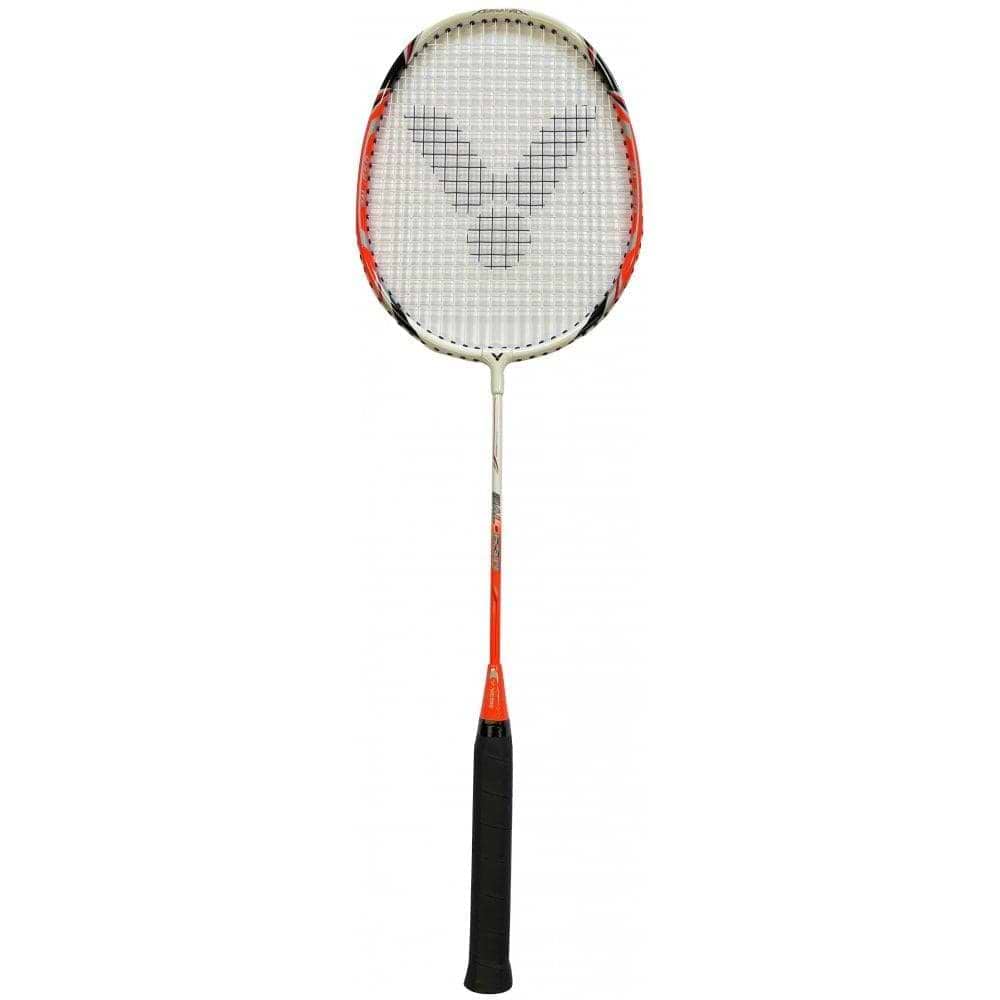 The Victor AL650 Junior Badminton Racket by Victor features an aluminium head and a white and orange frame. Its strings showcase a unique black grid pattern that forms a "V," while the handle is wrapped in black grip tape for enhanced control.