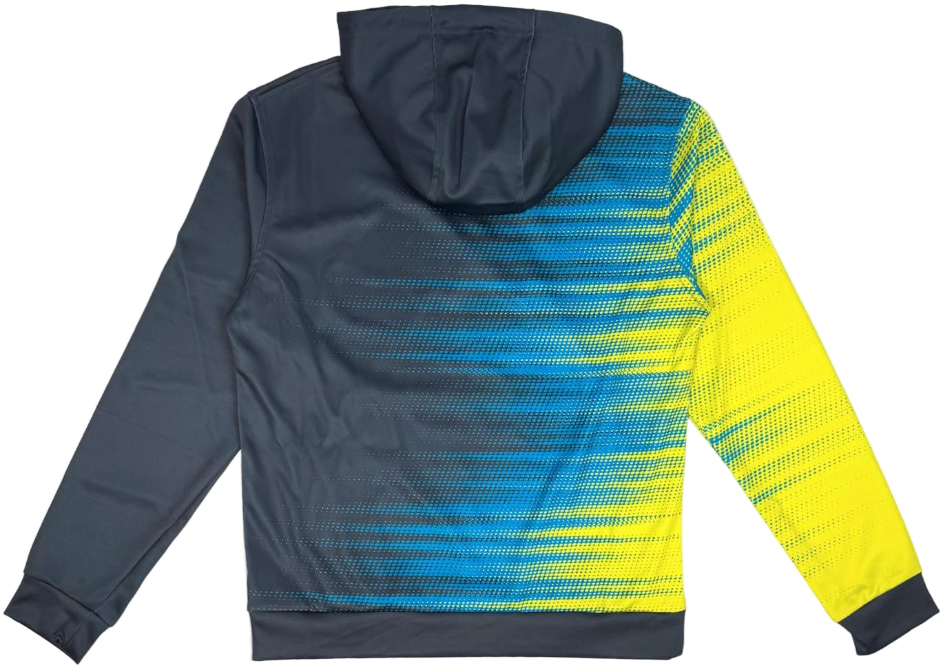 The Yonex YHD2025 Unisex Badminton Hoodie in teal and lime features a dark gray base, blue and yellow gradient dotted lines on the right sleeve and side, and is made from comfortable, durable Poly-Tech Knit fabric.
