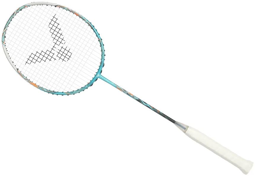 The Victor Jetspeed S 12TD R 4U Badminton Racket by Victor features a green Aero-Sword frame, white grip, and logo on the strings, displayed against a white background.