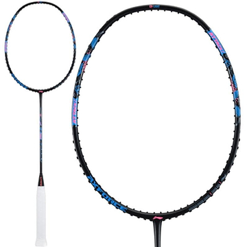 The Li-Ning Axforce Big Bang 6U Badminton Racket - Black, from Li-Ning, showcases a sophisticated black design highlighted by stylish blue and pink accents. Its Ex-Light frame is complemented by a slim shaft and white grip tape, enhancing precision and control. Set against a pristine white background, it perfectly encapsulates both style and performance.
