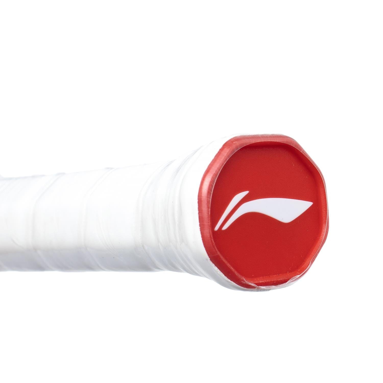 Close-up of a tennis racket handle featuring a white grip and a red cap with a white logo, reminiscent of the sleek design seen in the Li-Ning BladeX 900 Moon Max 4U Badminton Racket.