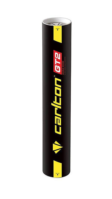 A cylindrical tube of Carlton GT2 White Feather Shuttlecocks, crafted with premium goose feathers, displays a yellow logo and red label. The tube stands upright on a white background.