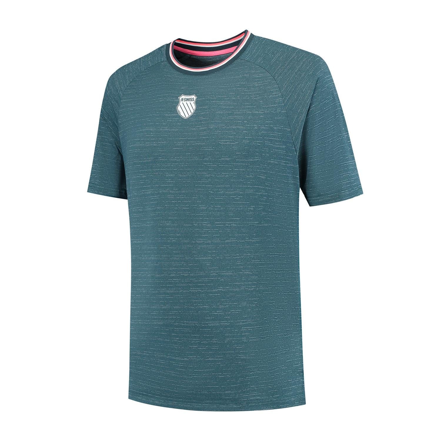The K-Swiss Hypercourt Melange 3 Men's Badminton T-Shirt in Stargazer features subtle horizontal streaks, a white chest shield logo, and a round collar with pink, white, and black inner stripes—ideal for men's badminton.