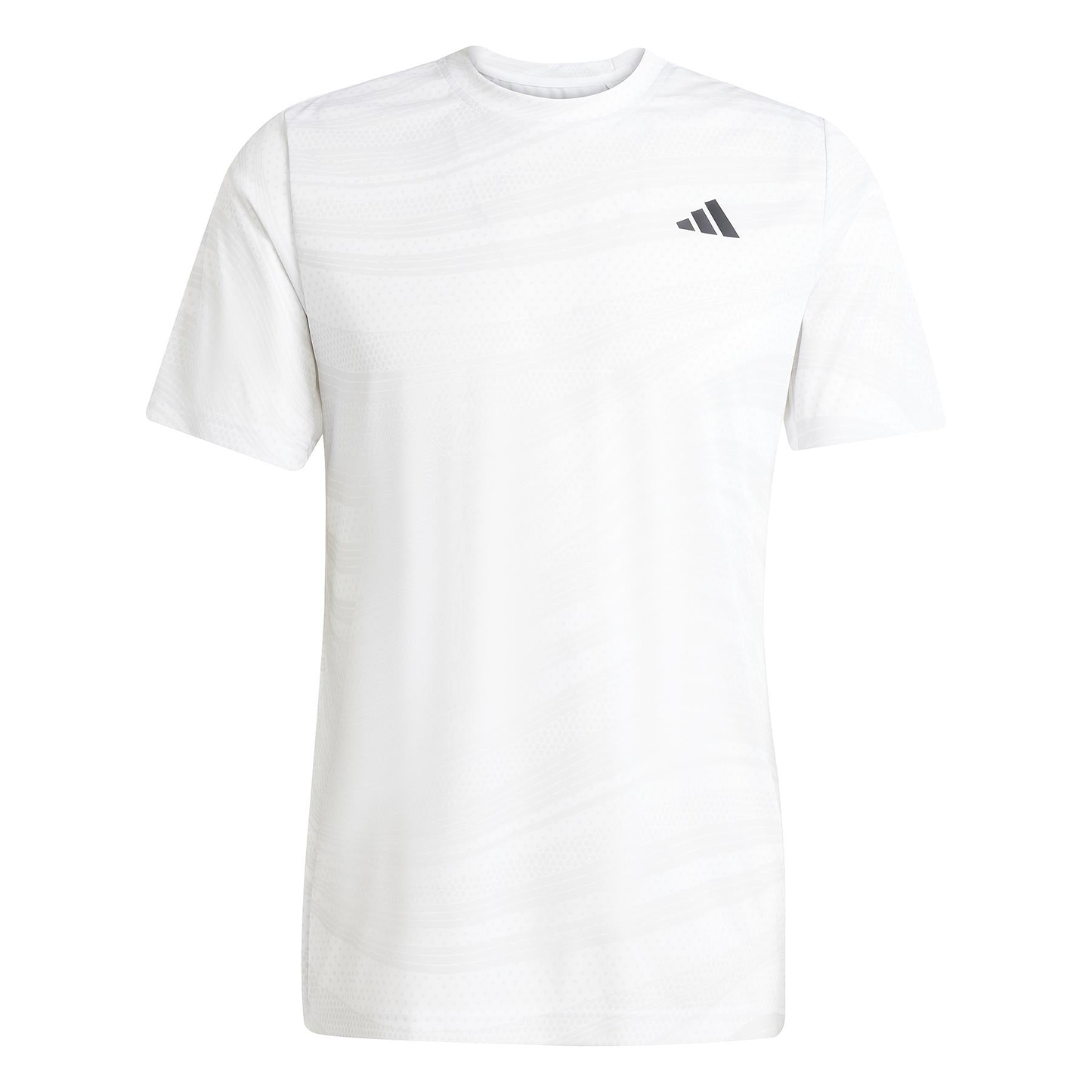 The adidas Mens Club Graphic Badminton T-Shirt in white/grey features a small black logo on the left chest and is made from moisture-wicking fabric, shown against a white background.