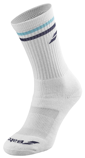 Product Description: The Babolat Men's Team Single Badminton Sock in White and Estate Blue combines a vintage style with modern design. Featuring a ribbed texture, it showcases blue stripes near the top and includes the iconic Babolat logo on both the side and toe areas.