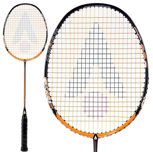 Close-up of the Karakal Black Zone BZ 30 2.1 Badminton Racket, featuring a black and orange frame and isometric head with a stylized "A" logo design on the strings. The black handle includes a grip. Another angle of this Karakal racket is visible in the background.
