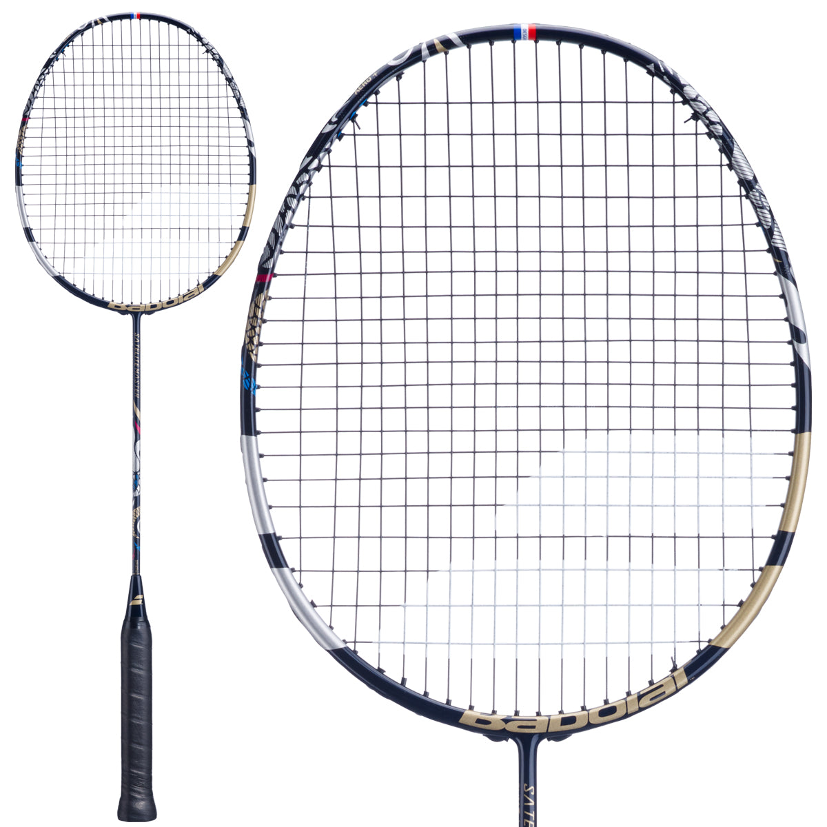 Two views of the Babolat Satelite Master 3U 2026 Badminton Racket - Navy Blue by Babolat: one displays the full length with a black handle, while the other offers a close-up of the oval stringed head and frame. Designed for precision control, this racket features striking navy blue, black, and gold accents.