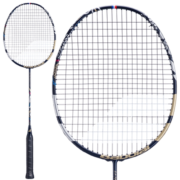 Two views of the Babolat Satelite Master 3U 2026 Badminton Racket - Navy Blue by Babolat: one displays the full length with a black handle, while the other offers a close-up of the oval stringed head and frame. Designed for precision control, this racket features striking navy blue, black, and gold accents.