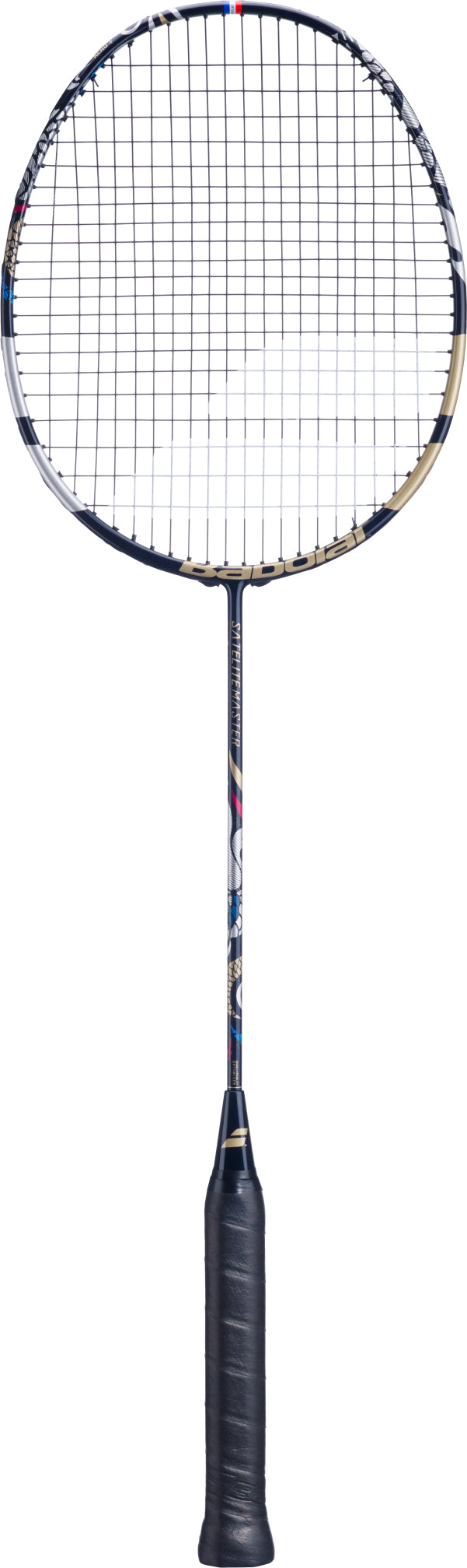 A full view of the Babolat Satelite Master 3U 2026 Badminton Racket in navy blue, featuring a black grip, slim shaft, and round stringed head for precision control, photographed on a white background.