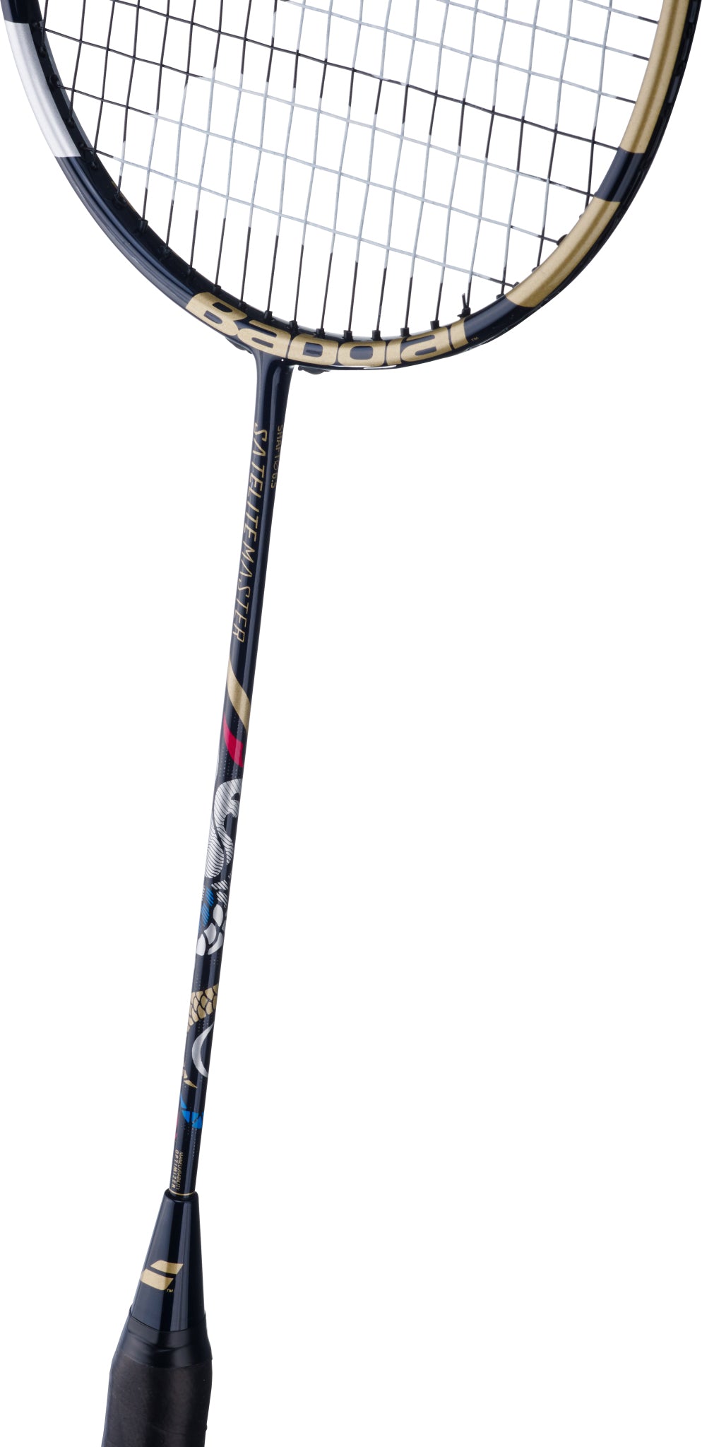 A close-up view of the Babolat Satelite Master 3U 2026 Badminton Racket in navy blue, showcasing its finely strung strings, durable shaft, and comfortable grip against a white background—ideal for players who value precision control.