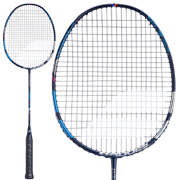 A Babolat Satelite Origin 4U 2026 Badminton Racket in navy blue, showcasing a black handle, a blue and black frame, tightly strung netting with a head light balance, displayed both in full view and in a close-up of the racket head.
