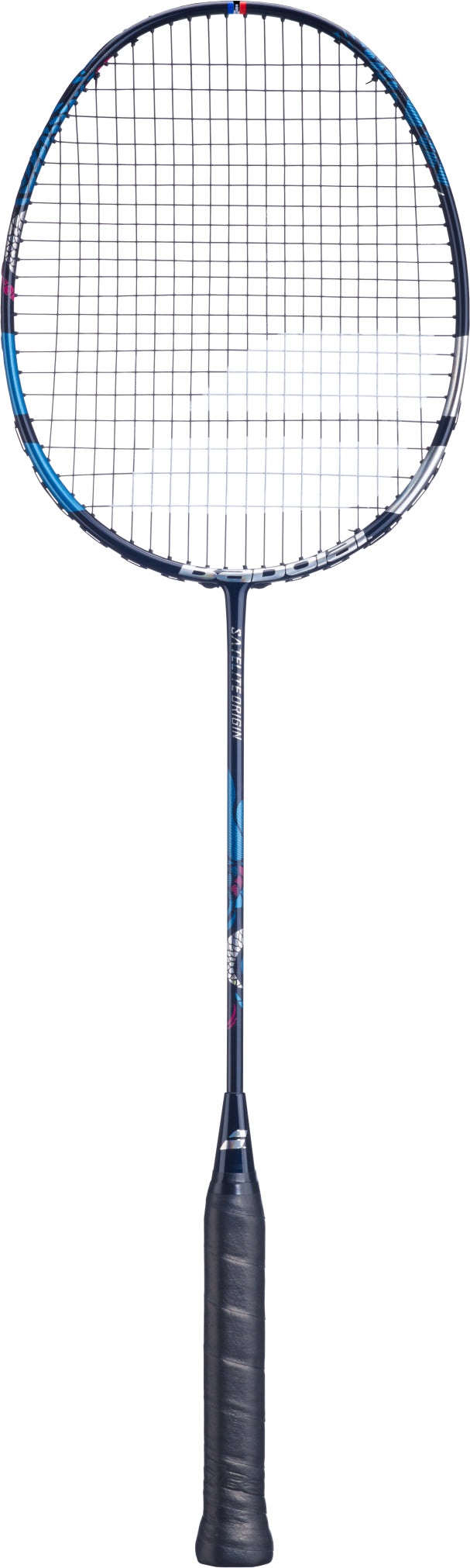 A full-length view of the Babolat Satelite Origin 4U 2026 Badminton Racket in navy blue, showcasing its black grip, slender shaft, and round stringed head with a head light balance, set against a white background.