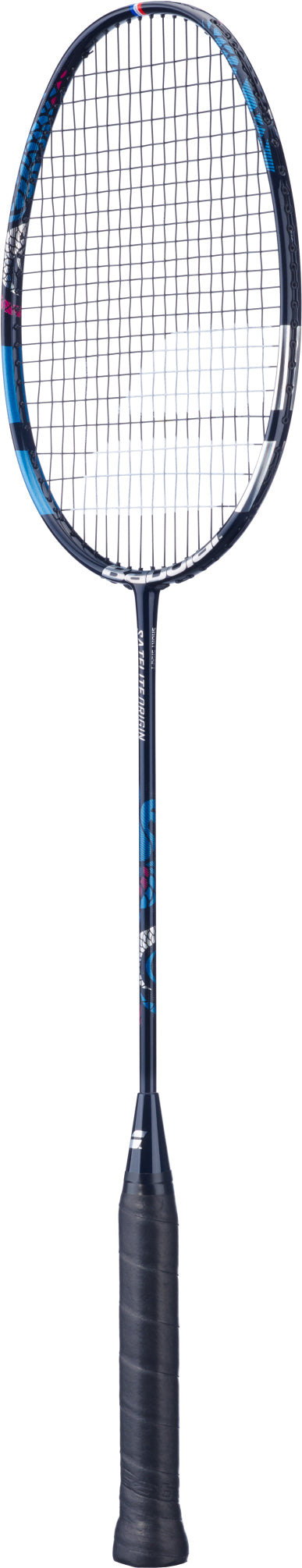 A navy blue and black Babolat Satelite Origin 4U 2026 badminton racket with a black grip, featuring a stringed oval head and slim shaft, is displayed against a white background. This racket provides a head light balance from Babolat for enhanced maneuverability during play.