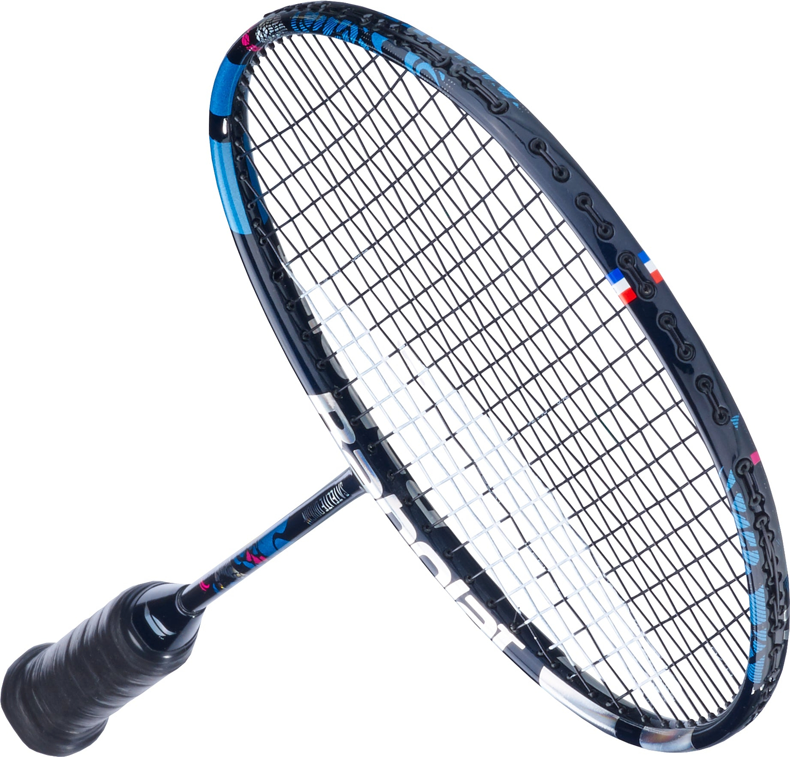 A Babolat Satelite Origin 4U 2026 badminton racket in navy blue with a wrapped handle and head light balance, displayed at an angle on a white background.