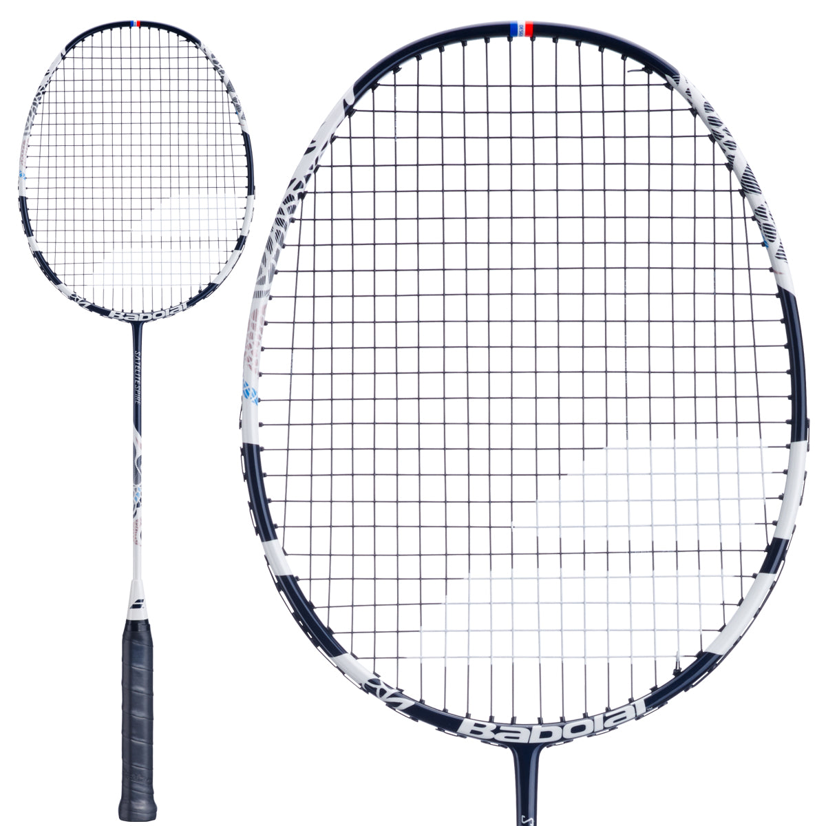 A white and blue Babolat Satelite Spire 3U 2026 Badminton Racket is displayed from two angles: a full view and a close-up of the racket head, showcasing the strings and frame—ideal for club players seeking precision and performance.