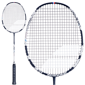 A white and blue Babolat Satelite Spire 3U 2026 Badminton Racket is displayed from two angles: a full view and a close-up of the racket head, showcasing the strings and frame—ideal for club players seeking precision and performance.