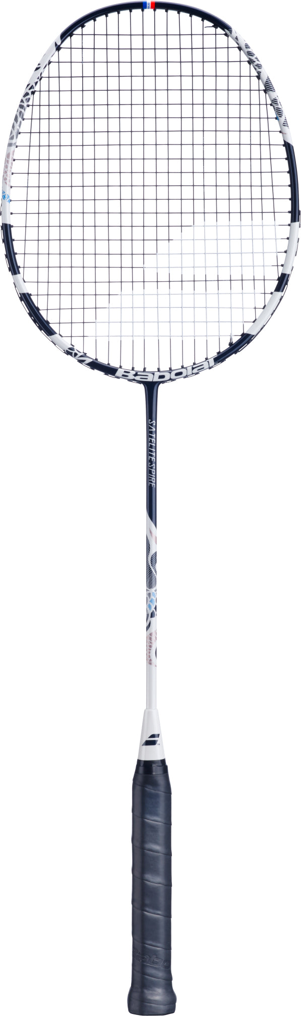 A complete view of the Babolat Satelite Spire 3U 2026 Badminton Racket in White / Blue by Babolat—displaying its black grip, white shaft, and dark blue frame—is presented on a plain white background, making it an excellent option for club players who value both precision and style.
