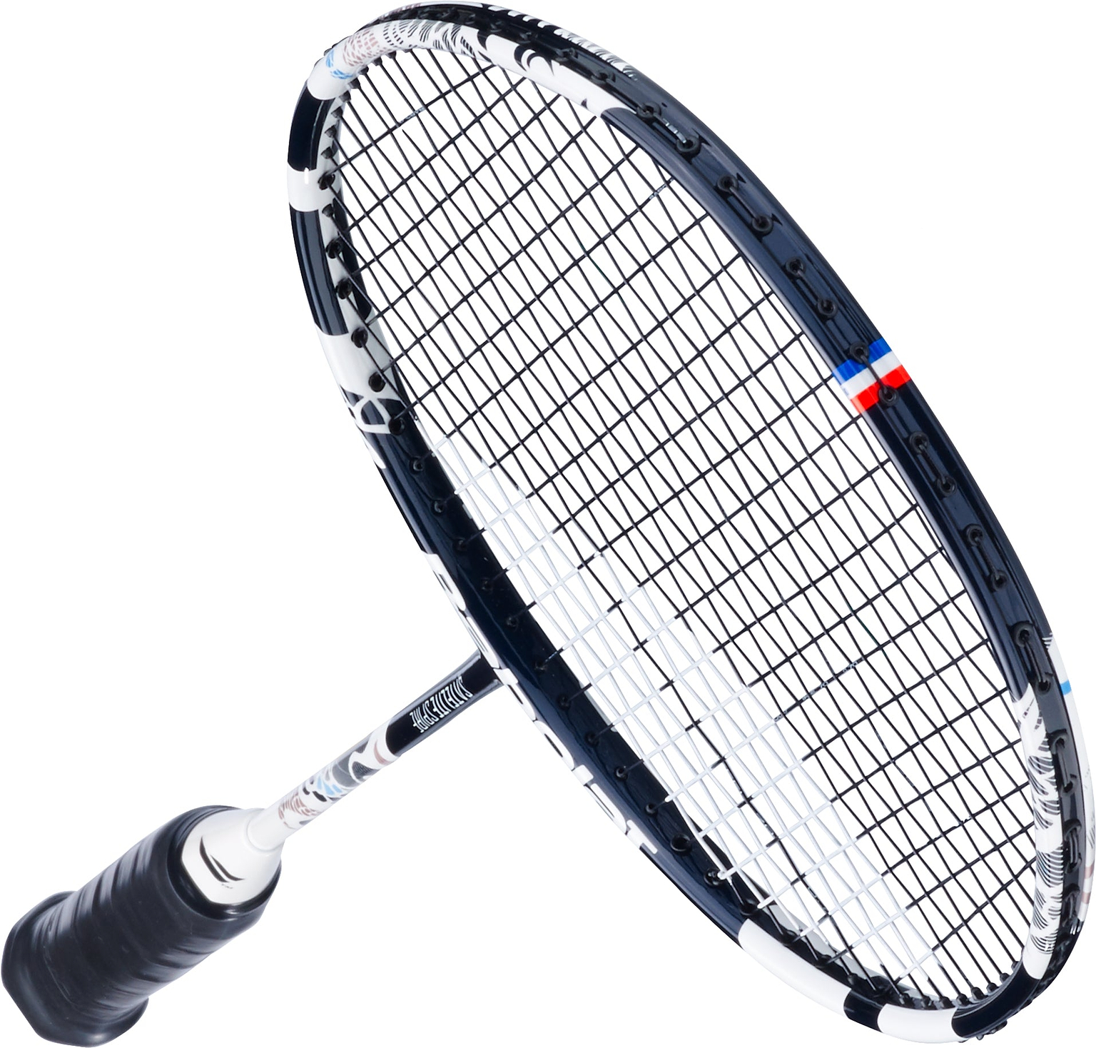 A close-up of the Babolat Satelite Spire 3U 2026 Badminton Racket in white and blue, featuring tightly strung strings and a black grip, shown against a white background—ideal for dedicated club players who demand precision and control.