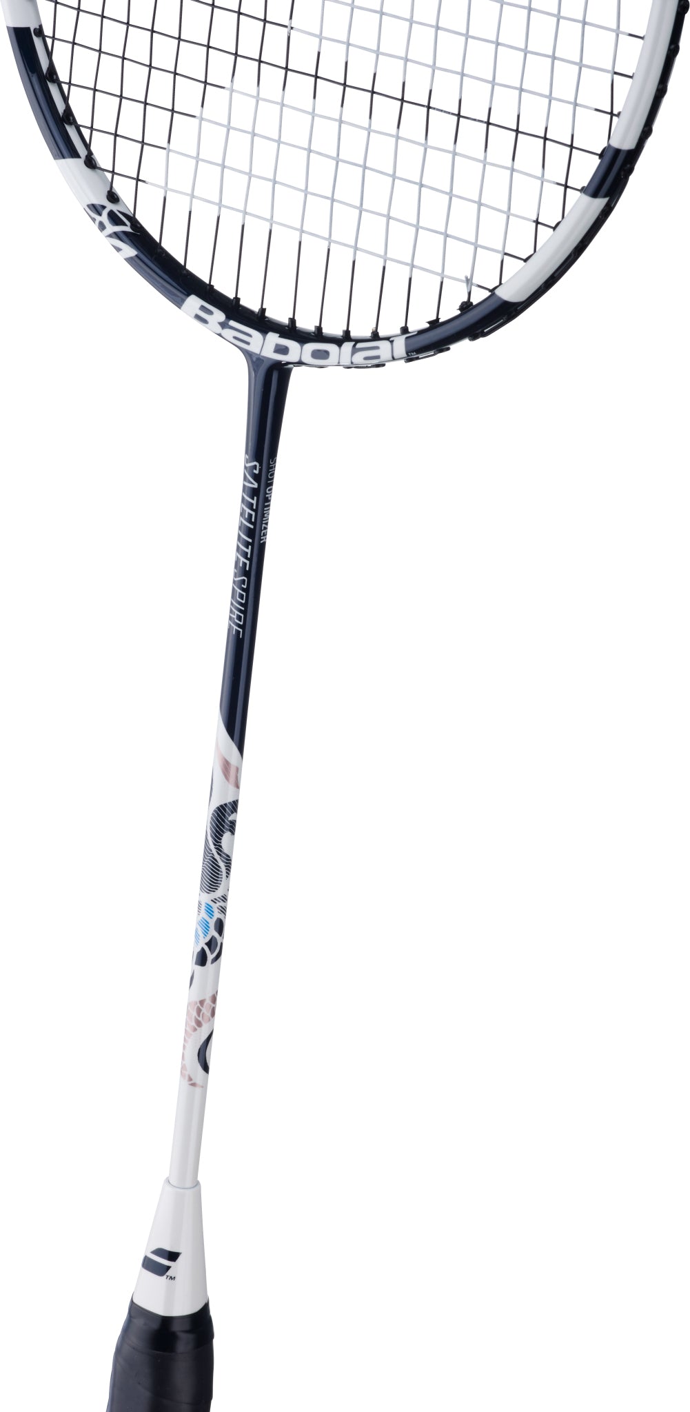A white and blue Babolat Satelite Spire 3U 2026 badminton racket featuring a black grip and the Babolat brand name on both the frame and strings. The shaft is adorned with decorative black and blue patterns, making it an attractive option for club players who value both performance and stylish design.