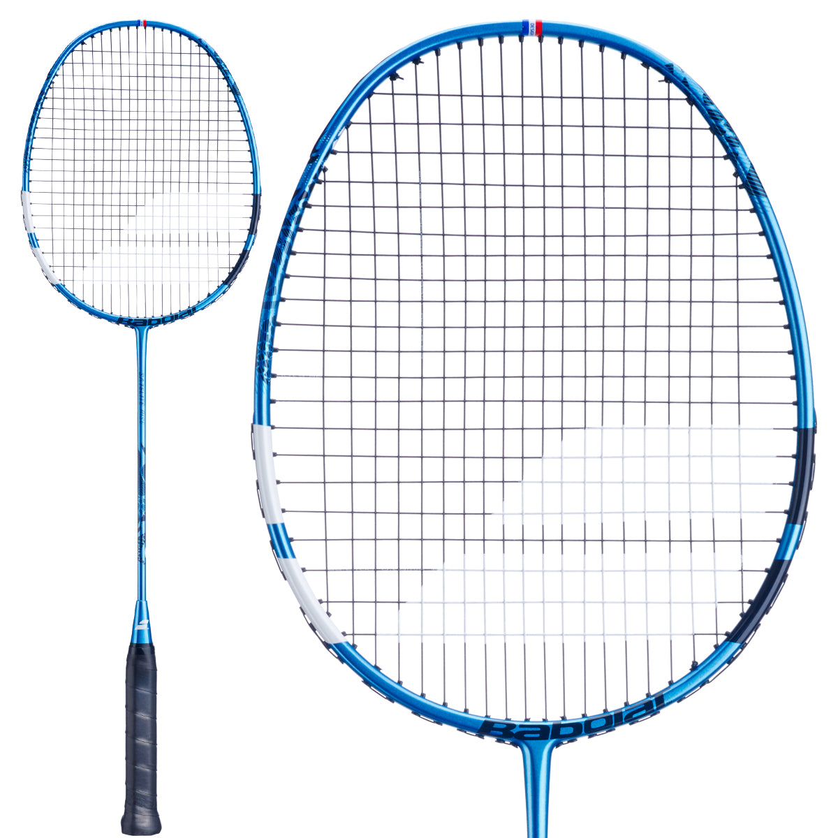 The Babolat Satelite Rise 4U 2026 Badminton Racket in blue is shown with a black grip, featuring a close-up of the racket head that highlights its string pattern and frame details against a white background. Ideal for beginners, this Babolat racket combines stylish design with reliable performance.