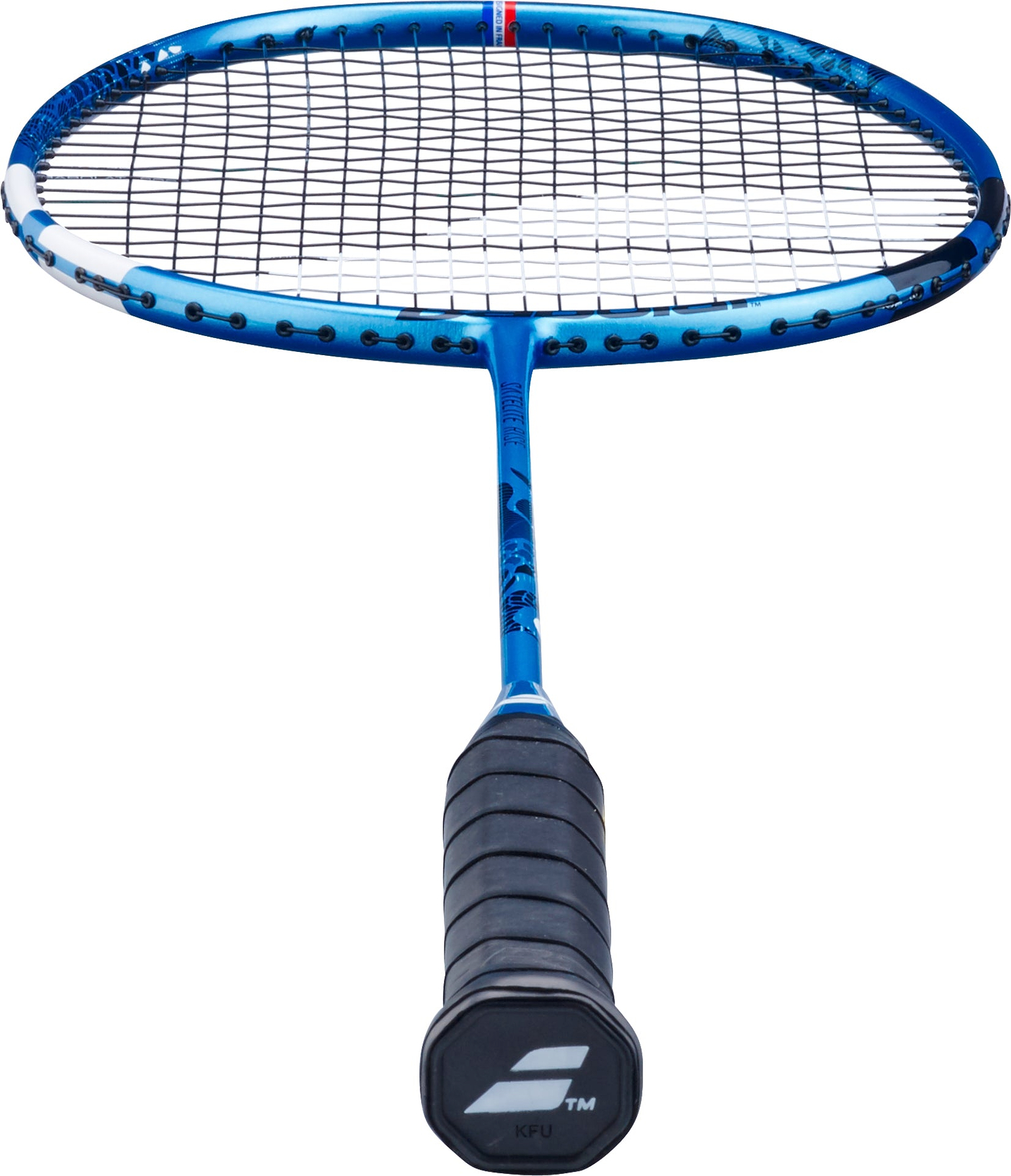A Babolat Satelite Rise 4U 2026 Badminton Racket in blue, featuring black strings and a black grip, is shown photographed from the handle end to highlight its round head and the Babolat logo on the bottom of the handle. This beginner-friendly racket by Babolat blends style and functionality, making it an excellent choice for new badminton players.