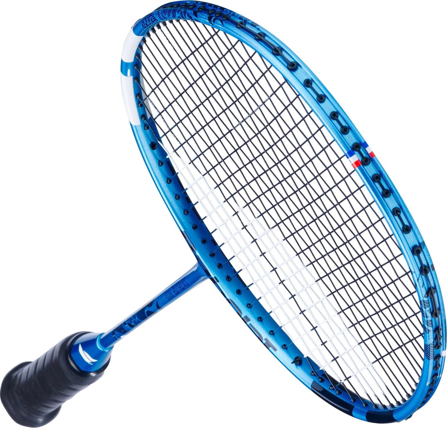 The Babolat Satelite Rise 4U 2026 Badminton Racket in blue is pictured with black strings and a black grip against a white background, making it an excellent choice for beginners seeking a quality badminton racket from Babolat.