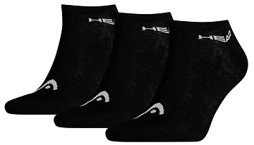 The HEAD Sneaker Badminton Socks (3 Pack) in black are made from a soft cotton blend. Each sock features a white logo and text near the top edge and a small design by the toe, providing comfort and style for casual wear.
