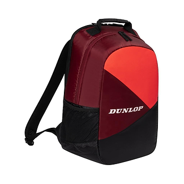 The Dunlop CX Club Badminton Backpack in black and red showcases a stylish design, offering a roomy main compartment with a dedicated section for rackets, side mesh pocket, and padded adjustable shoulder straps for added comfort.