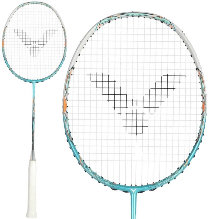The Victor Jetspeed S 12TD R 4U Badminton Racket in green features the Aero-Sword frame and a white handle, similar to the popular Victor Jetspeed 12TD.