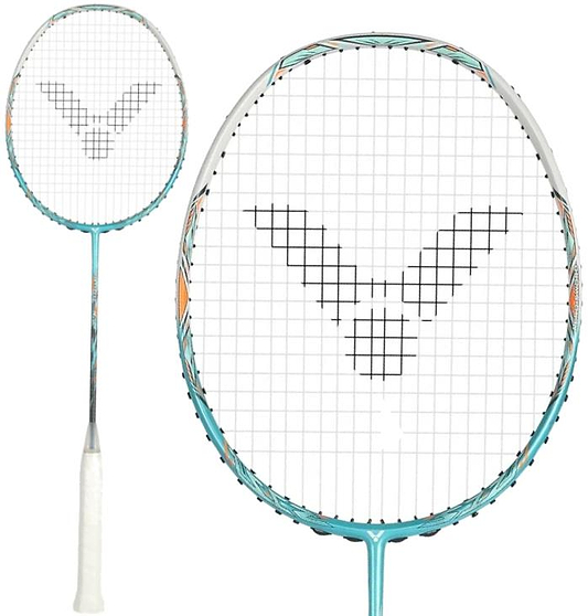 The Victor Jetspeed S 12TD R 4U Badminton Racket in green features the Aero-Sword frame and a white handle, similar to the popular Victor Jetspeed 12TD.