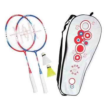 Introducing the Sure Shot London Junior Badminton Racket Set, perfect for young sports enthusiasts. This set features two vibrant tempered steel rackets in blue and red, a pair of shuttlecocks, and a white carrying case with playful red and blue designs.