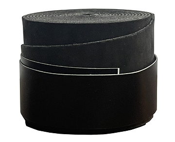 The BadmintonHQ Badminton Overgrip - Black (Single) is shown upright against a white background, with a smooth outer surface and slightly textured edges for shock absorption.