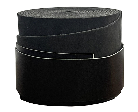 The BadmintonHQ Badminton Overgrip - Black (Single) is shown upright against a white background, with a smooth outer surface and slightly textured edges for shock absorption.