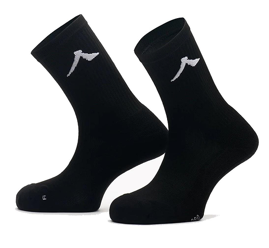 The Kanso Neo Pro Performance Crew Badminton Socks in black, with a white logo on the side, stand upright against a plain white backdrop. These athletic socks feature ribbed texture and ventilation channels for superior cushioning, perfect for active sports.