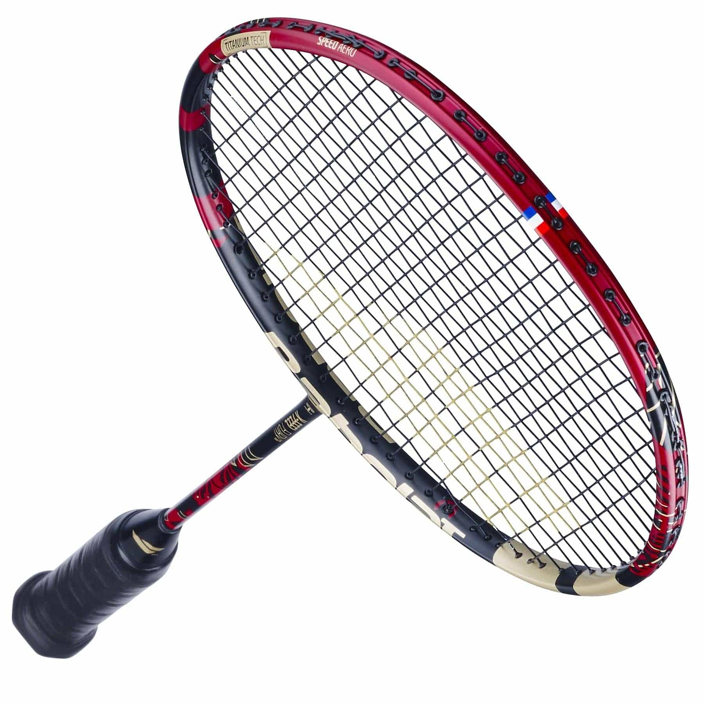 A detailed view of the Babolat X-Feel Fury Badminton Racket - Red / Black by Babolat highlights its red and black frame with black strings. The handle features black grip tape, while the shaft and head boast a bold camouflage design, engineered for exceptional power transmission.