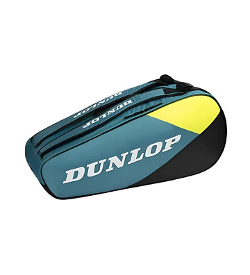 The Dunlop SX Club 6 Racket Badminton Bag in teal, black, and yellow includes two racket compartments and padded backpack straps. The Dunlop logo is prominently displayed.