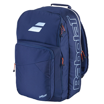 The Babolat Pure Drive Badminton Backpack - Blue features a sporty design with multiple compartments, orange zipper pulls, and prominently displays the Pure Drive logo on the side.