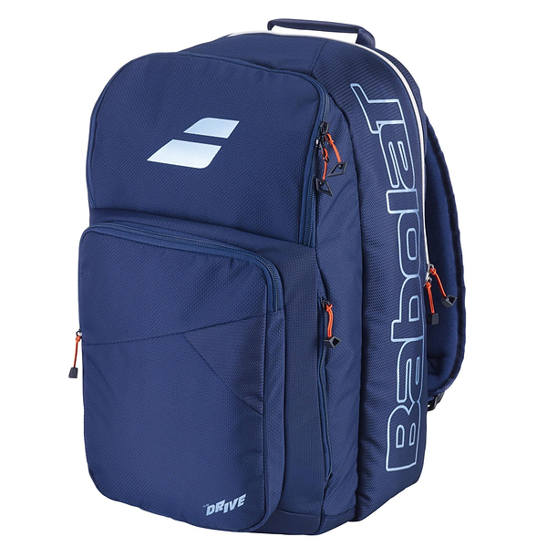 The Babolat Pure Drive Badminton Backpack - Blue features a sporty design with multiple compartments, orange zipper pulls, and prominently displays the Pure Drive logo on the side.