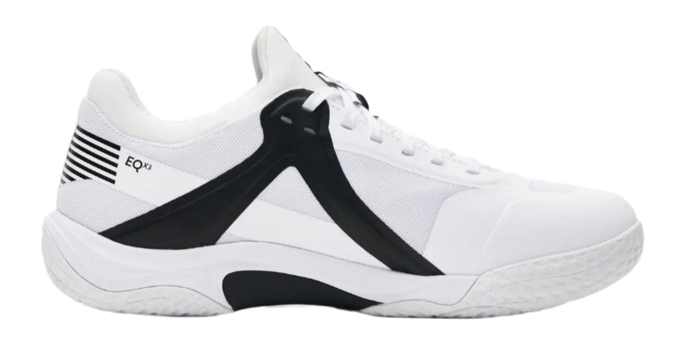 The Kanso Equilibrium EQx3 Unisex Badminton Shoes boast a sleek white design with black accents and "Eq" branding. Featuring Speedlight Foam for shock absorption, a textured rubber sole, and striped detailing near the heel, all against a plain white background.