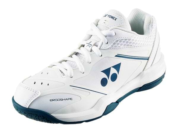 The Yonex Power Cushion 65 Junior Badminton Shoes in white feature blue accents, a logo, and "ERGOSHAPE" text. They offer Yonex Power Cushion technology for enhanced shock absorption, a textured sole, perforations for breathability, and a laced closure.