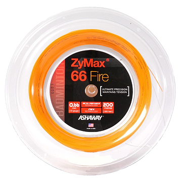 Close-up of a spool of Ashaway Zymax 66 Fire badminton string in orange. The label features black text indicating a diameter of 0.66mm and a length of 200 meters, emphasizing "Ultimate Precision" and exceptional tension stability for improved performance.