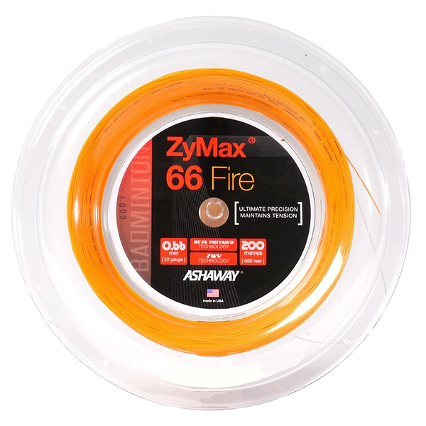 Close-up of a spool of Ashaway Zymax 66 Fire badminton string in orange. The label features black text indicating a diameter of 0.66mm and a length of 200 meters, emphasizing "Ultimate Precision" and exceptional tension stability for improved performance.