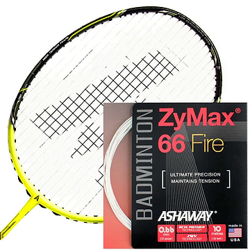 Close-up of a badminton racket with yellow accents, paired with a 10-meter packet of Ashaway Zymax 66 Fire Badminton String in white. The packaging emphasizes features such as "Ultimate Precision" and "Maintains Tension," showcasing the advanced quality of Ashaway's micro-gauge strings, proudly made in the USA.