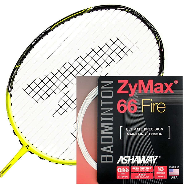 Close-up of a badminton racket with yellow accents, paired with a 10-meter packet of Ashaway Zymax 66 Fire Badminton String in white. The packaging emphasizes features such as "Ultimate Precision" and "Maintains Tension," showcasing the advanced quality of Ashaway's micro-gauge strings, proudly made in the USA.