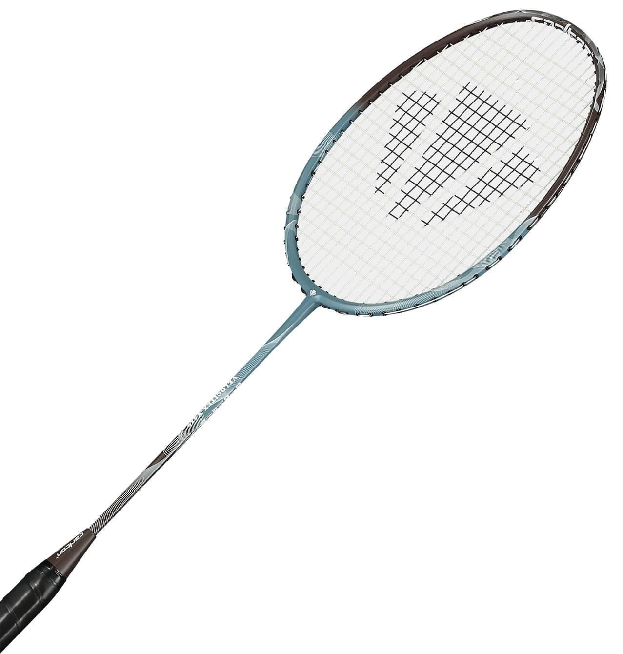 The Carlton Velocitex V410 3U Badminton Racket - Blue by Carlton, featuring an even balance, is ideal for intermediate players and is shown diagonally on a white background.