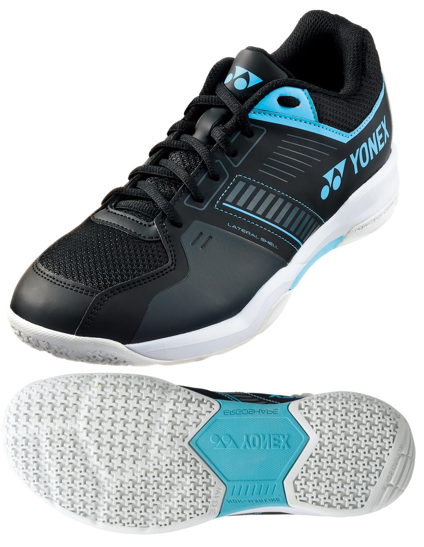 The Yonex Power Cushion Strider Flow Men's Wide Badminton Shoes in black/blue feature a mesh upper with synthetic overlays, textured rubber sole for grip, lateral shell design, lace-up closure, and the Yonex logo on the side and tongue—perfect for badminton.