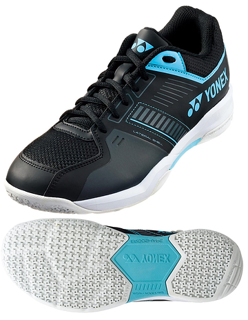 The Yonex Power Cushion Strider Flow Men's Wide Badminton Shoes in black/blue feature a mesh upper with synthetic overlays, textured rubber sole for grip, lateral shell design, lace-up closure, and the Yonex logo on the side and tongue—perfect for badminton.