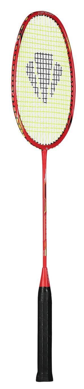 The Carlton Tru-Storm ASi 200 Badminton Racket in red, with a black grip and yellow strings, features a black geometric logo at the center—perfect for beginners.